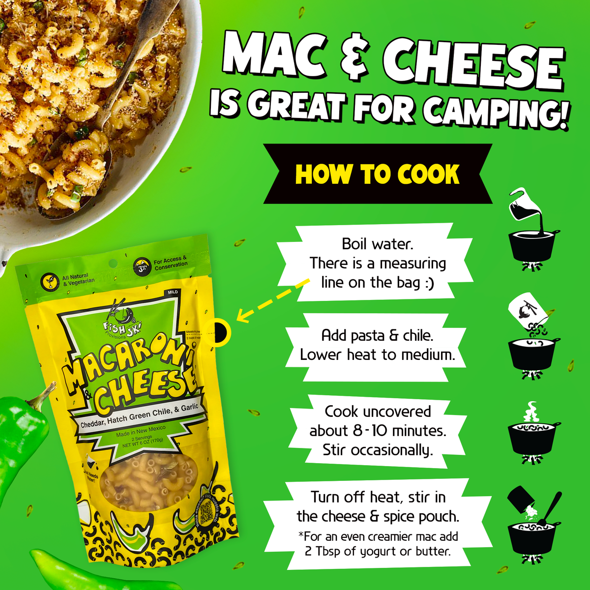 Hatch Green Chile, Garlic, Cheddar Mac and Cheese