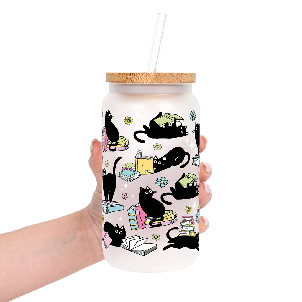 Black Cats on Books Glass Cups