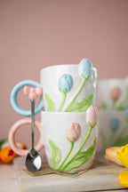3D Tulip Ceramic Mug with Spoon Gift Set | Hand-Carved Floral Coffee Cup