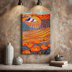 Colorful landscape painting with pumpkins on a textured wall above a wooden table.
