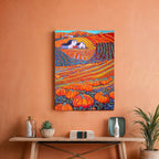 Colorful landscape painting with pumpkins on an orange wall above a wooden table.