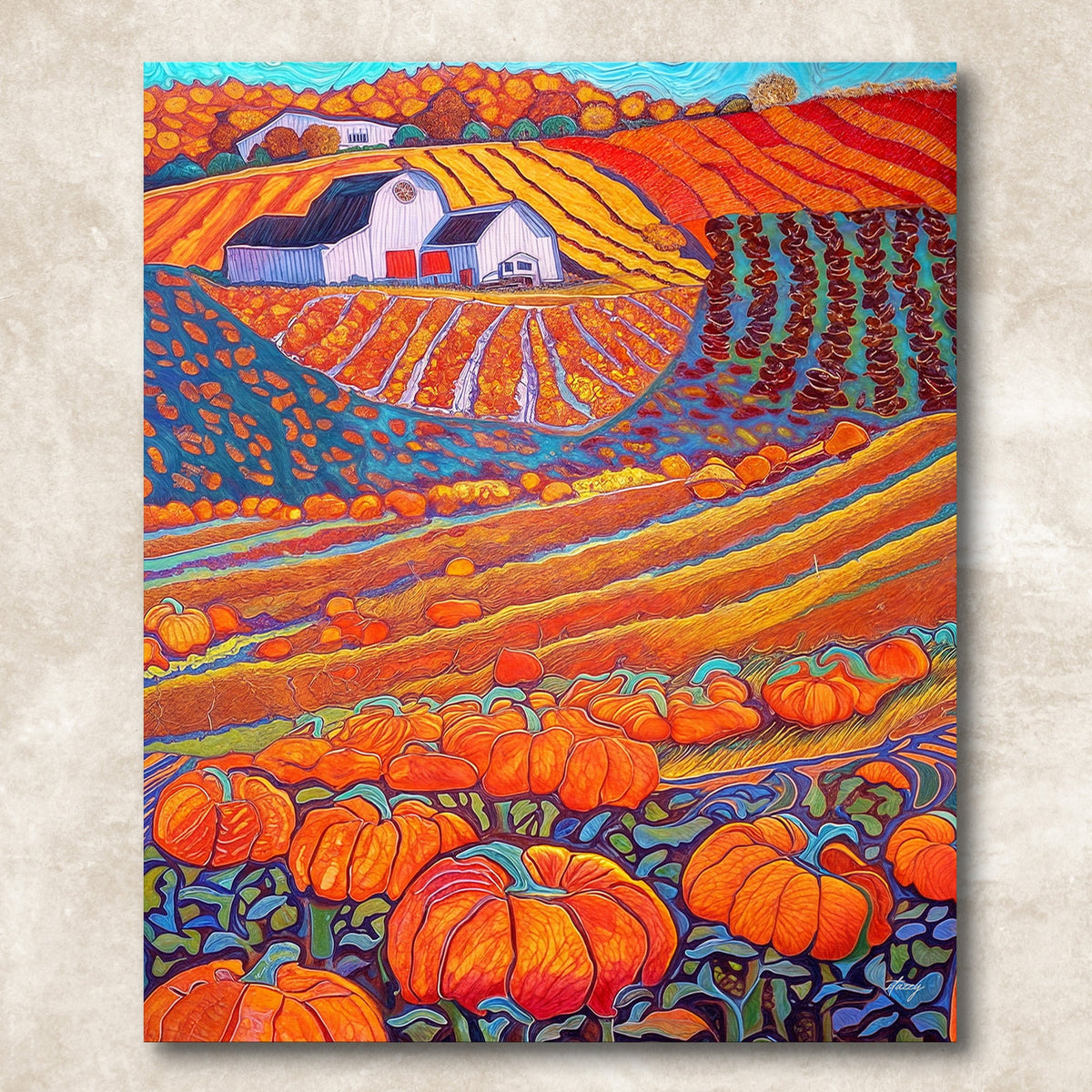 Colorful painting of a farm with pumpkins and a barn.