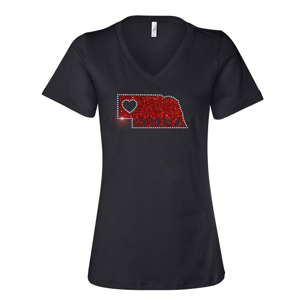 Nebraska Heart Cutout V-Neck Rhinestone Tee | Multiple Sizes | Nature Finds & Designs