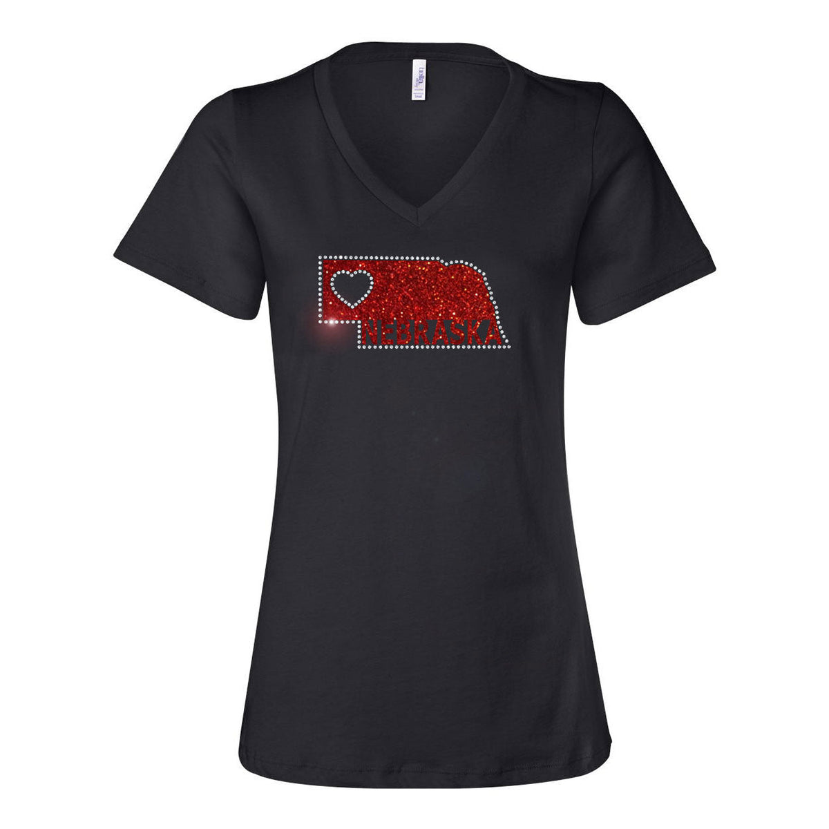 Nebraska Heart Cutout V-Neck Rhinestone Tee | Multiple Sizes | Nature Finds & Designs