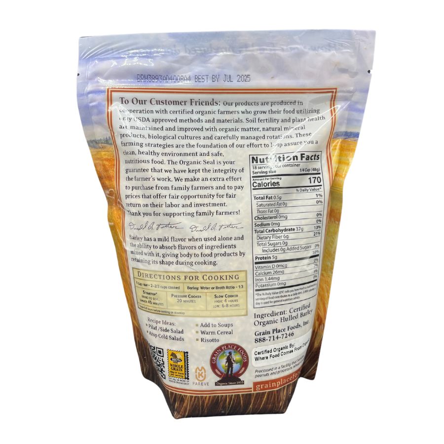 Organic Hulled Barley | 2 lb | Pack of 4 | Non-GMO | Grain Place Foods