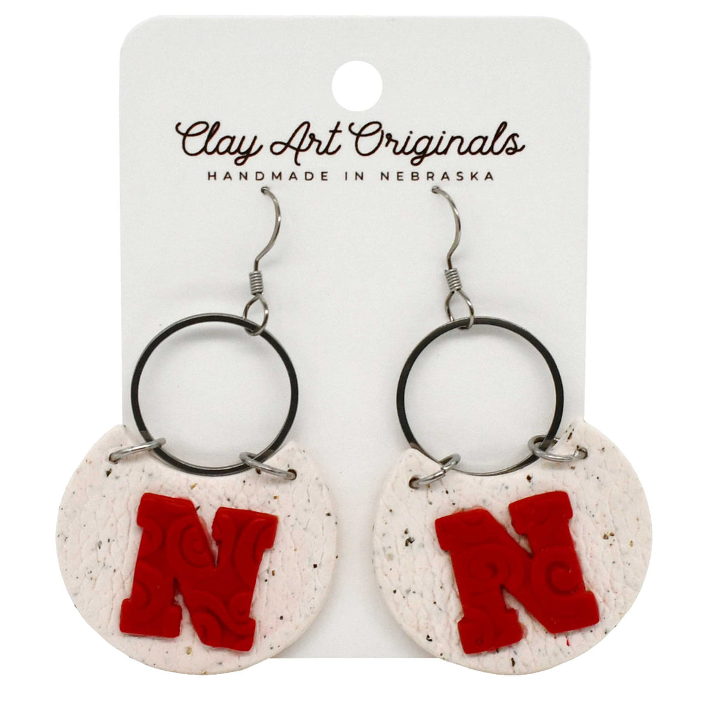Husker "N" White Dangle Polymer Clay Earrings | Clay Art Originals