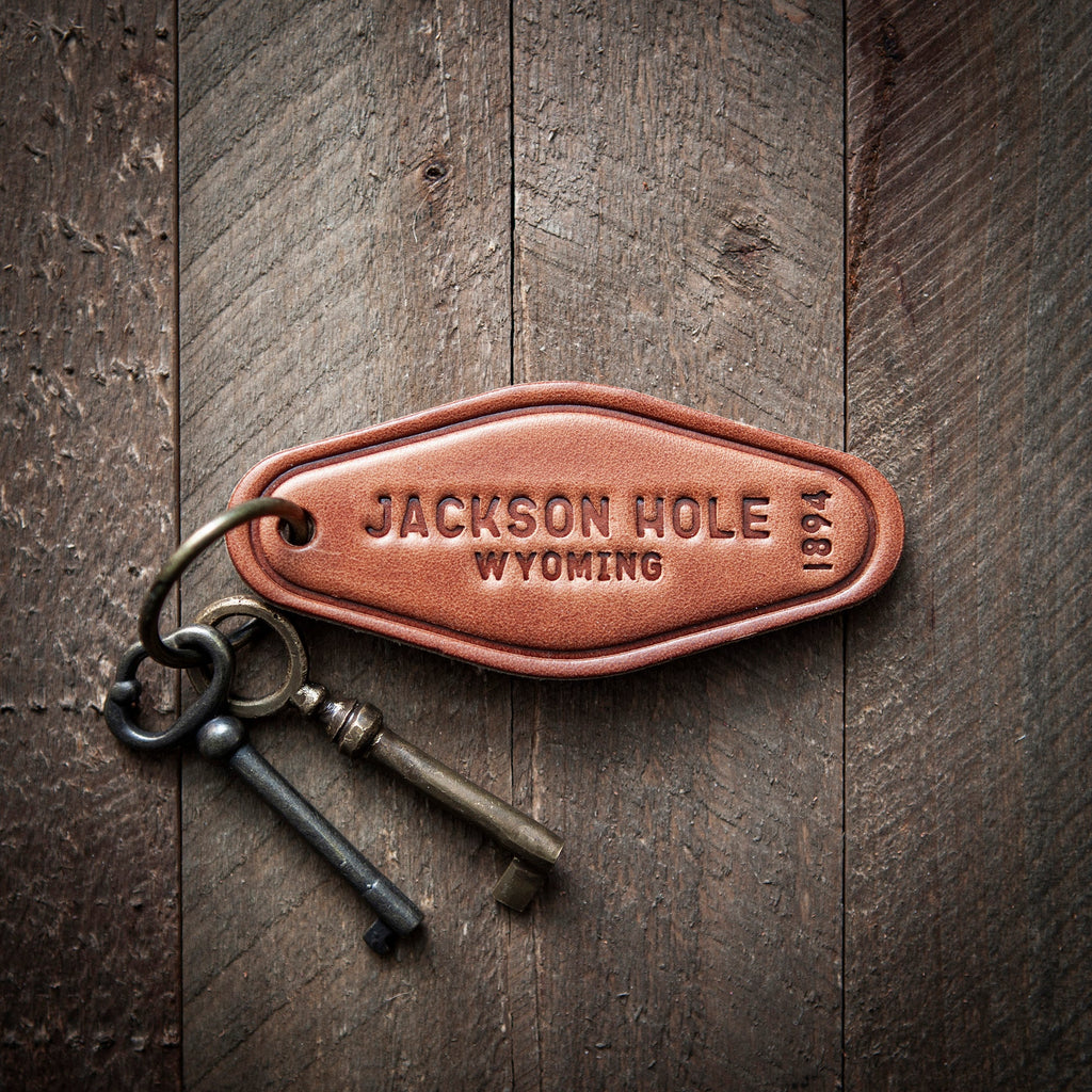 Jackson Hole Wyoming Leather Keychain Motel Style