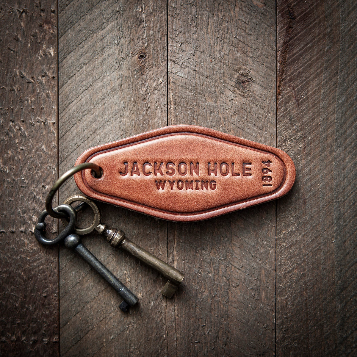 Jackson Hole Wyoming Leather Keychain Motel Style