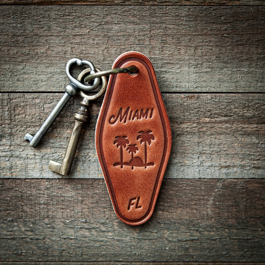 Miami Florida Leather Keychain Motel Style