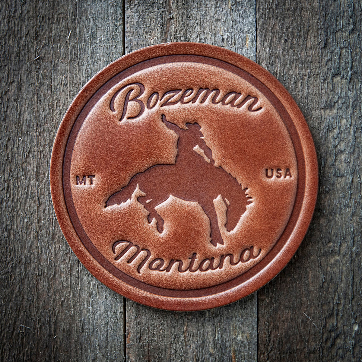 Bozeman Montana Bronco Leather Coaster