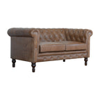 Brown Buffalo Leather Chesterfield Sofa – 2 Seats, Walnut Wood Legs