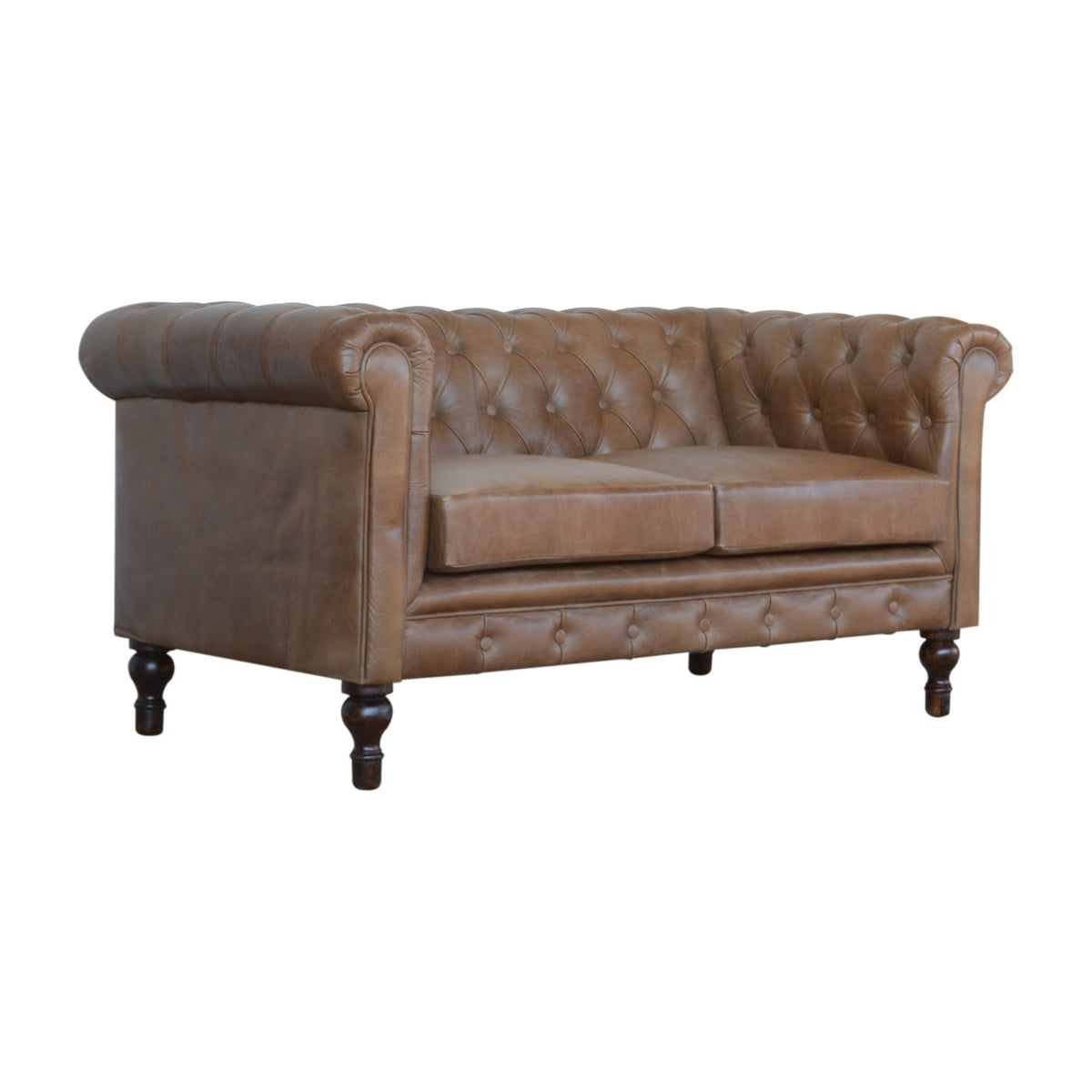 Brown Buffalo Leather Chesterfield Sofa – 2 Seats, Walnut Wood Legs