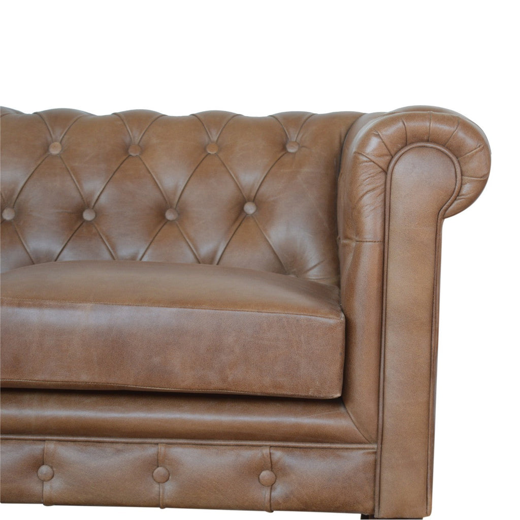 Brown Buffalo Leather Chesterfield Sofa – 2 Seats, Walnut Wood Legs