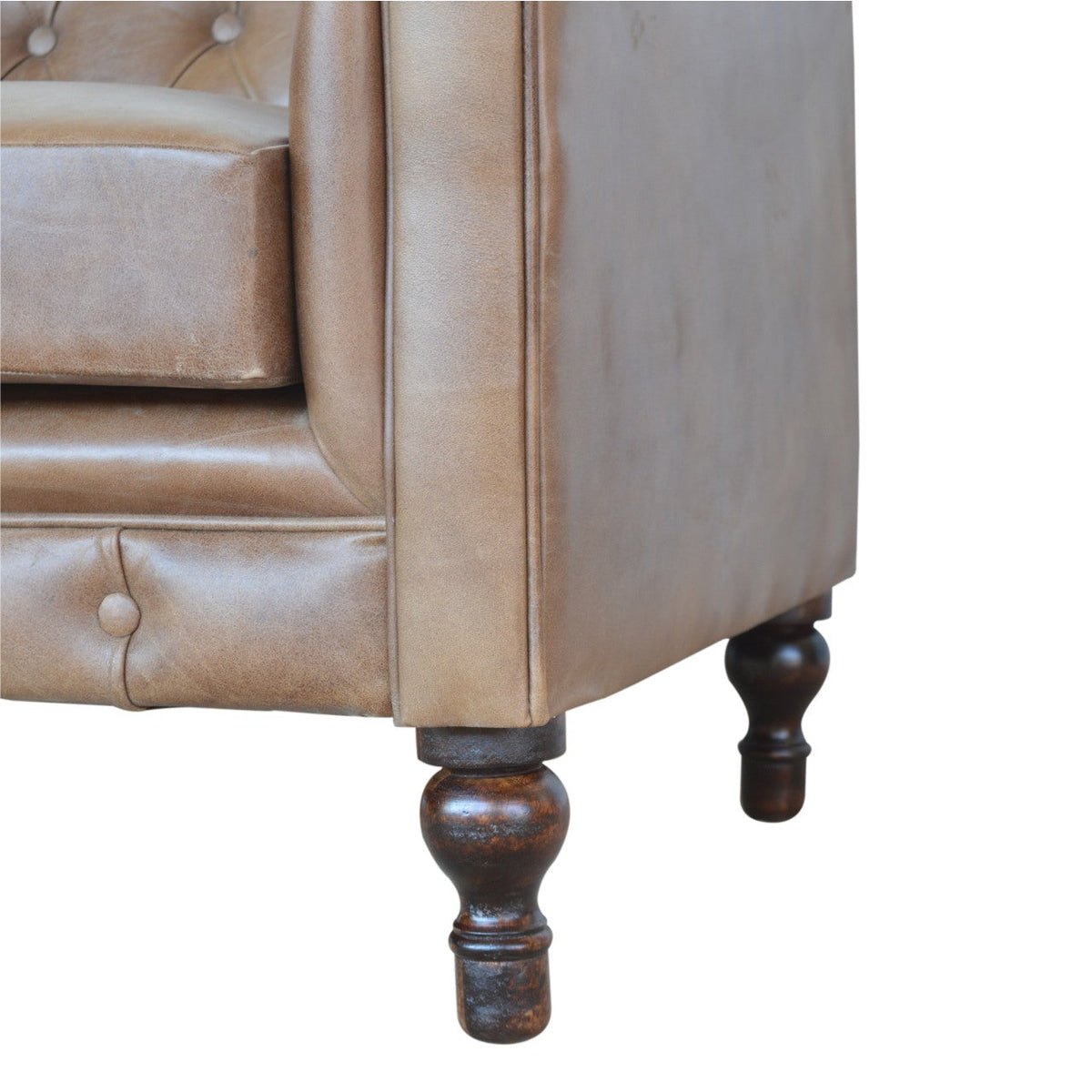 Brown Buffalo Leather Chesterfield Sofa – 2 Seats, Walnut Wood Legs