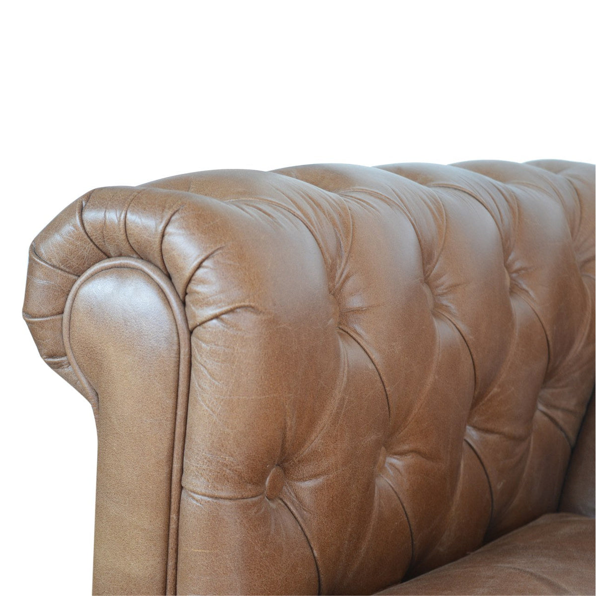 Brown Buffalo Leather Chesterfield Sofa – 2 Seats, Walnut Wood Legs
