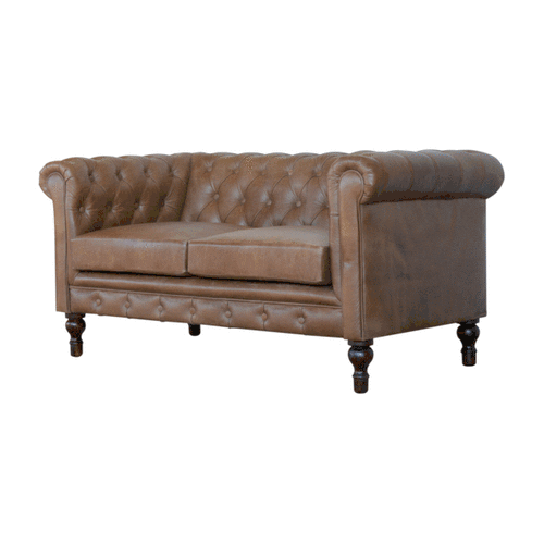 Brown Buffalo Leather Chesterfield Sofa – 2 Seats, Walnut Wood Legs