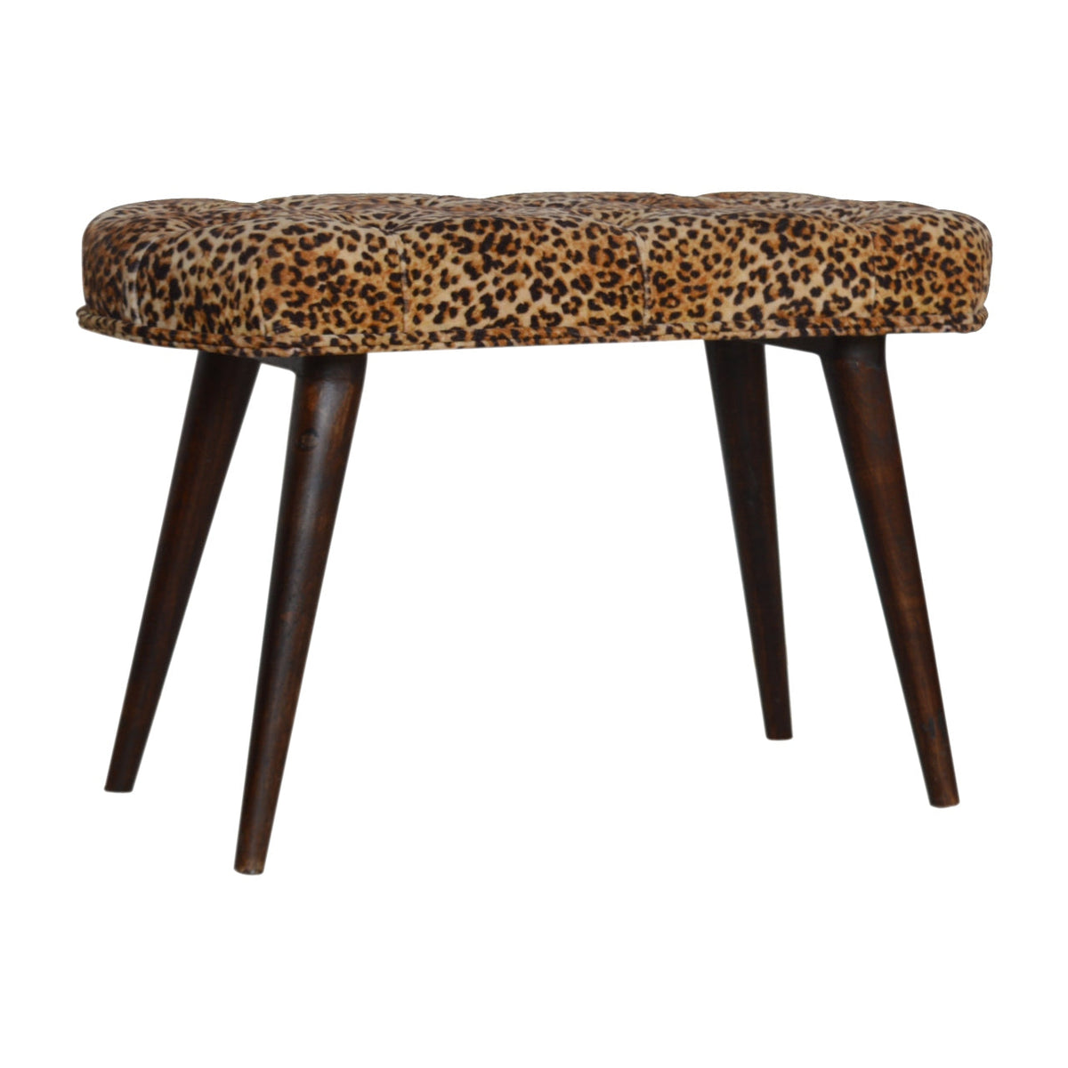 Leopard Cotton Velvet Bench – Walnut Finish, Deep-Button Seat & Solid Mango Wood Legs