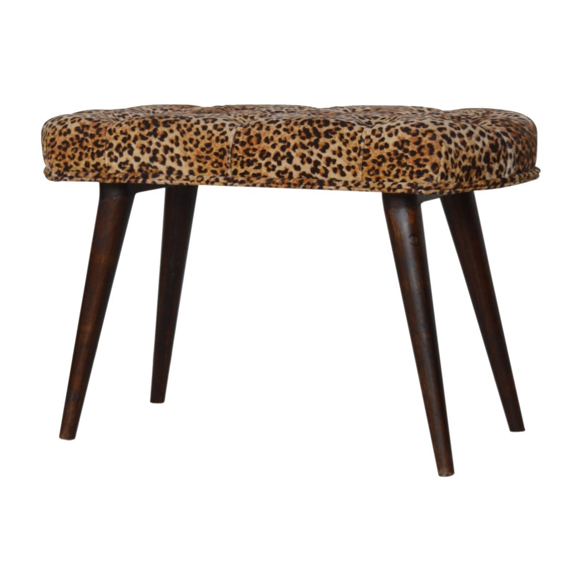 Leopard Cotton Velvet Bench – Walnut Finish, Deep-Button Seat & Solid Mango Wood Legs