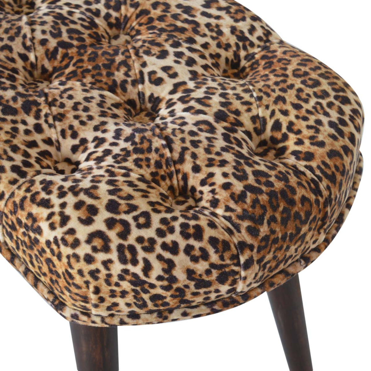 Leopard Cotton Velvet Bench – Walnut Finish, Deep-Button Seat & Solid Mango Wood Legs