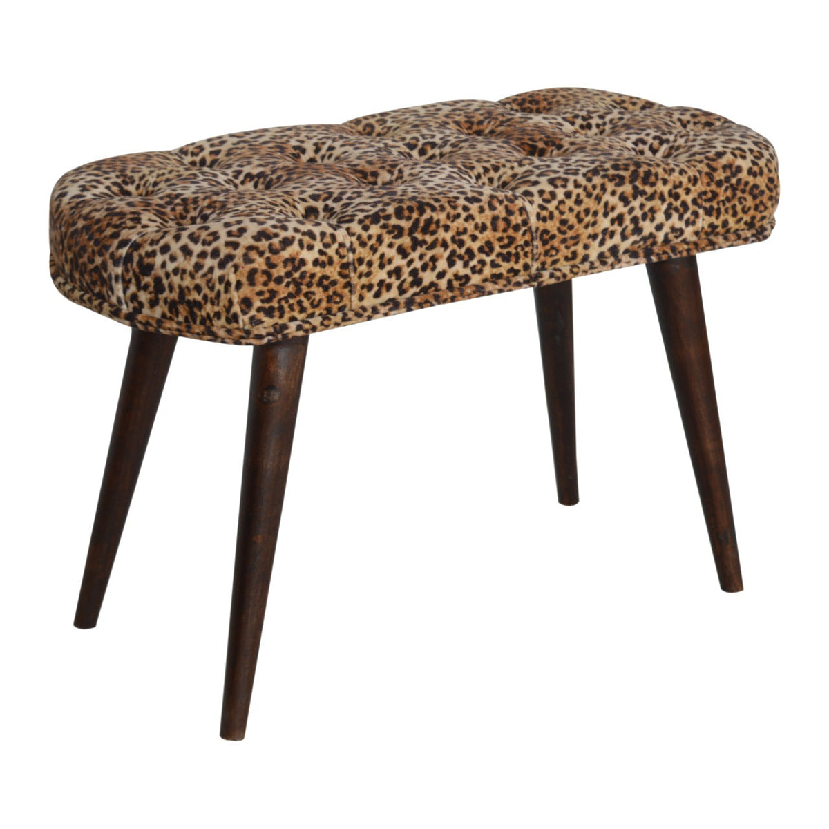 Leopard Cotton Velvet Bench – Walnut Finish, Deep-Button Seat & Solid Mango Wood Legs