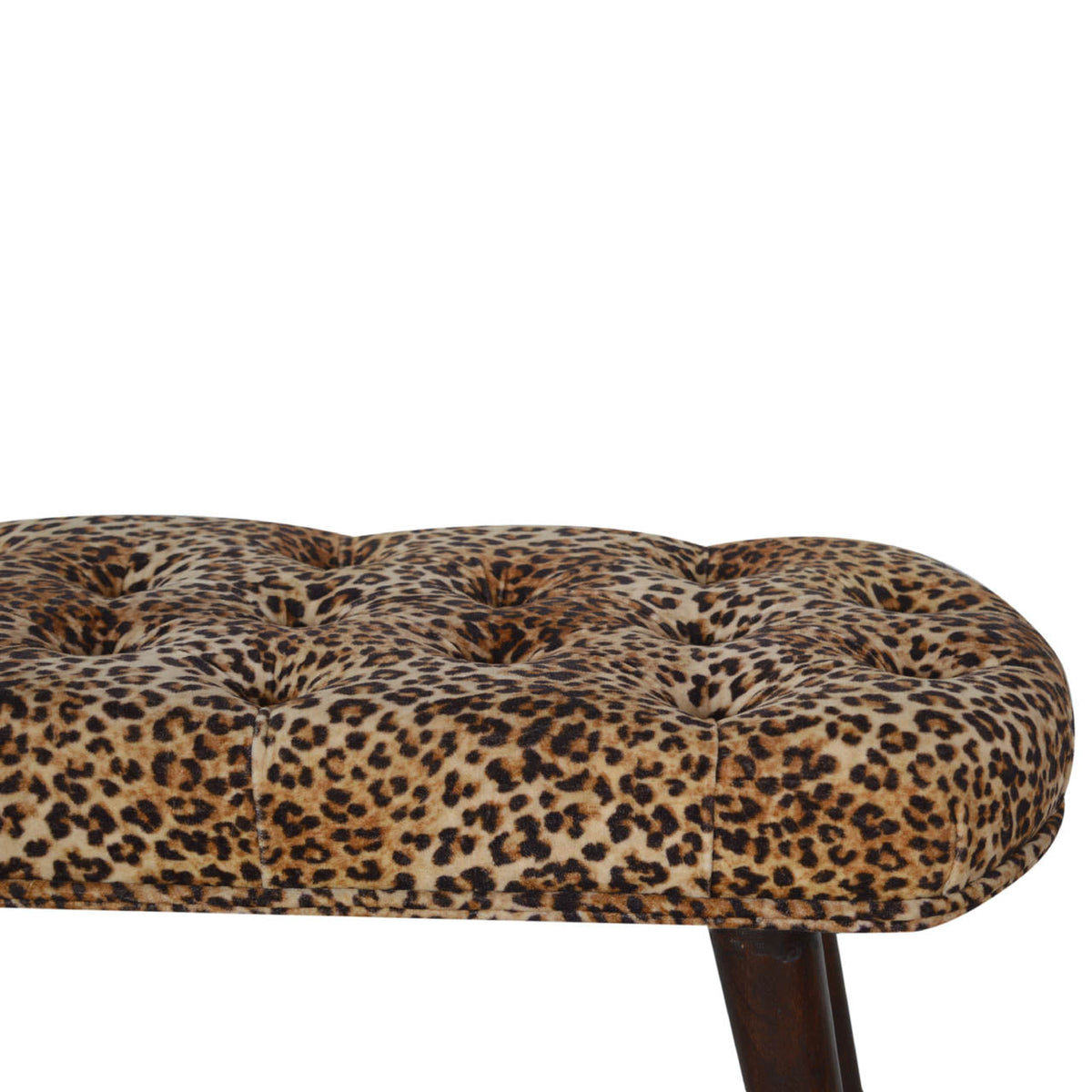 Leopard Cotton Velvet Bench – Walnut Finish, Deep-Button Seat & Solid Mango Wood Legs