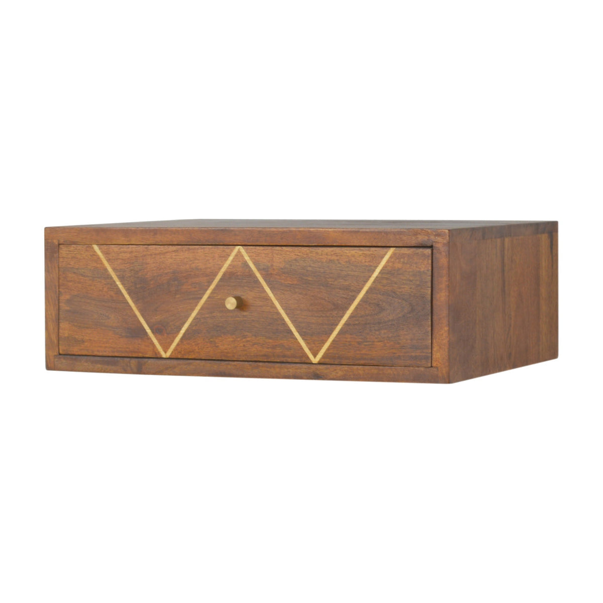 Floating Brass Solid Mango Wood Nightstand – Chestnut Finish