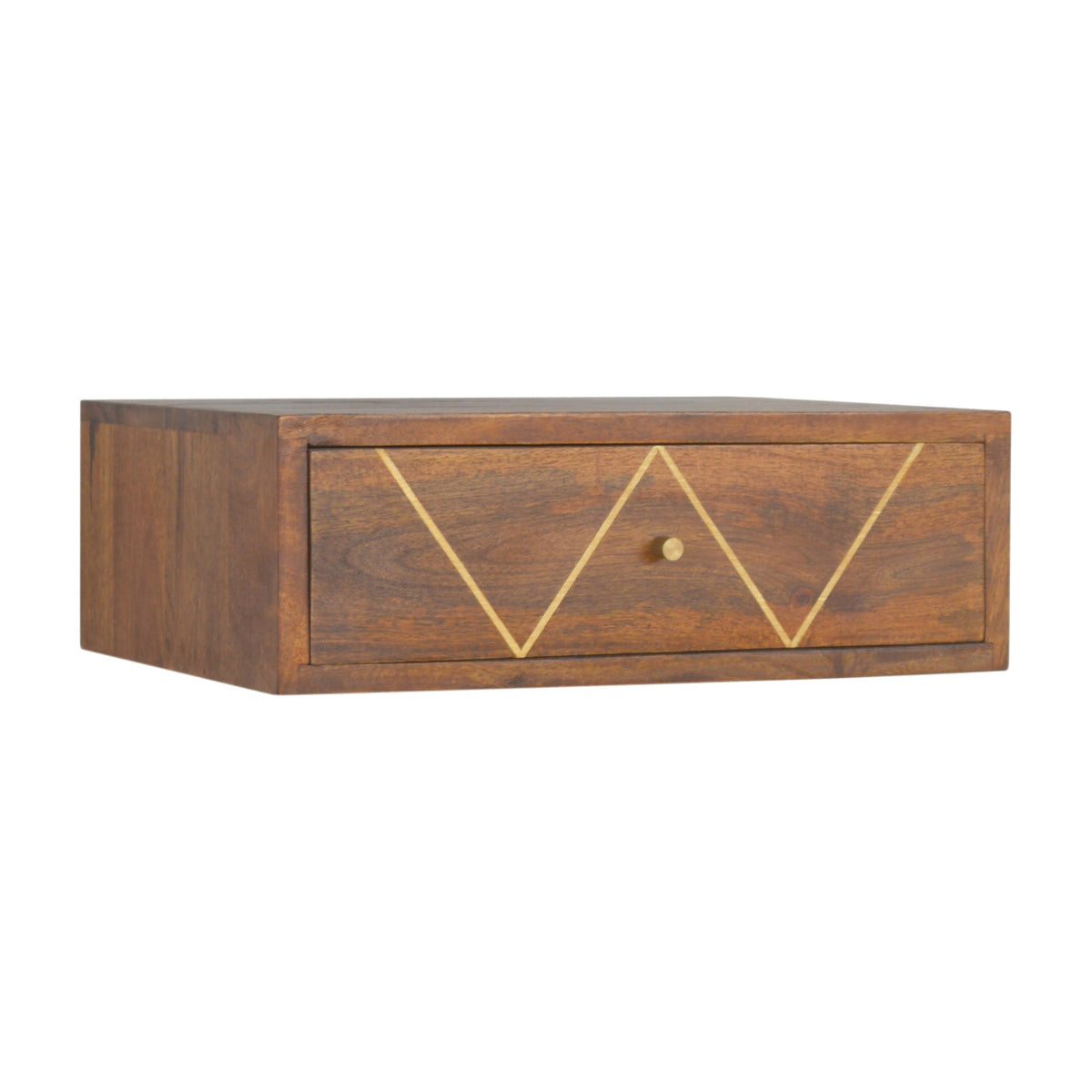 Floating Brass Solid Mango Wood Nightstand – Chestnut Finish