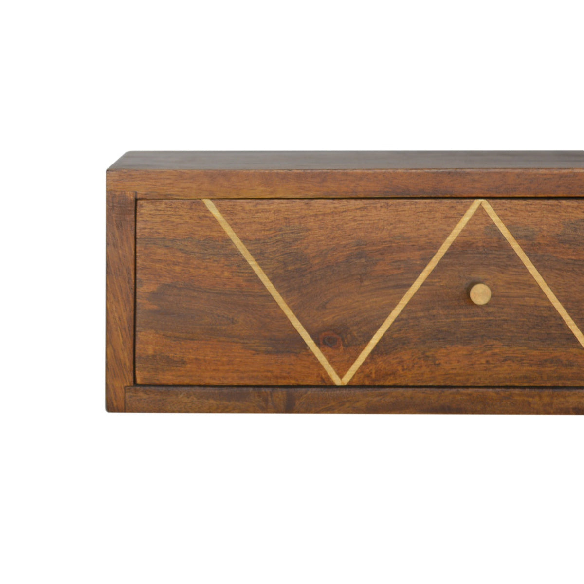 Floating Brass Solid Mango Wood Nightstand – Chestnut Finish