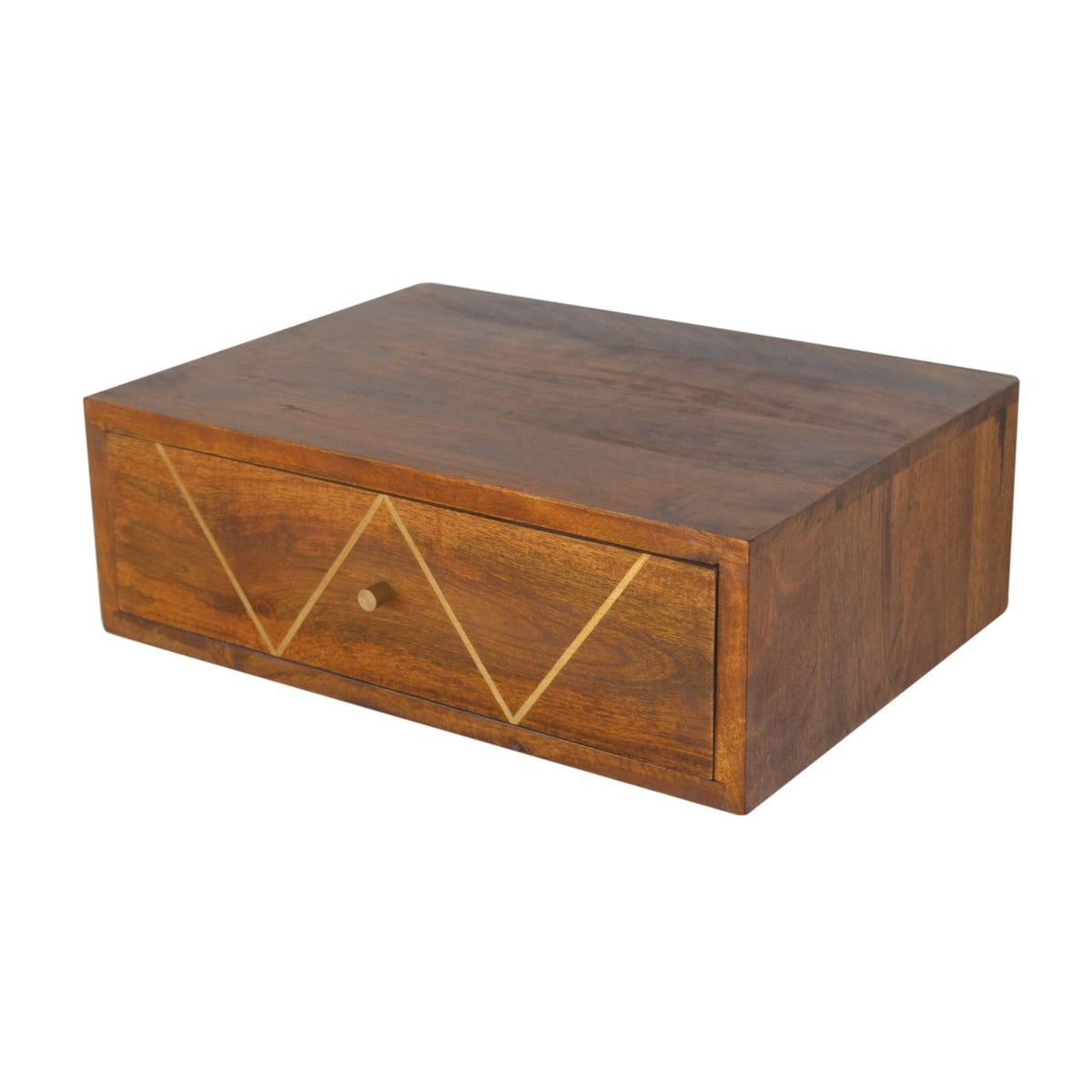 Floating Brass Solid Mango Wood Nightstand – Chestnut Finish