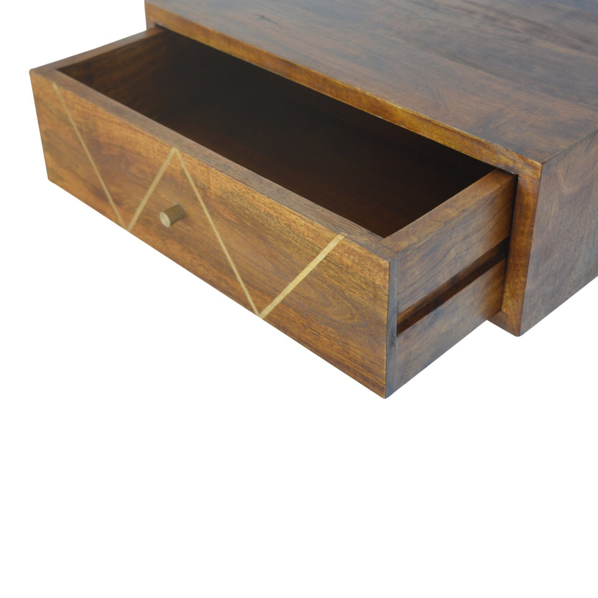 Floating Brass Solid Mango Wood Nightstand – Chestnut Finish