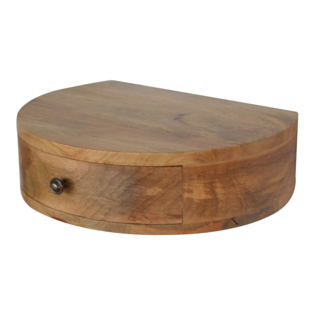 Solid Mango Wood Floating Nightstand – Oak-Ish Finish, Rounded 1-Drawer Design