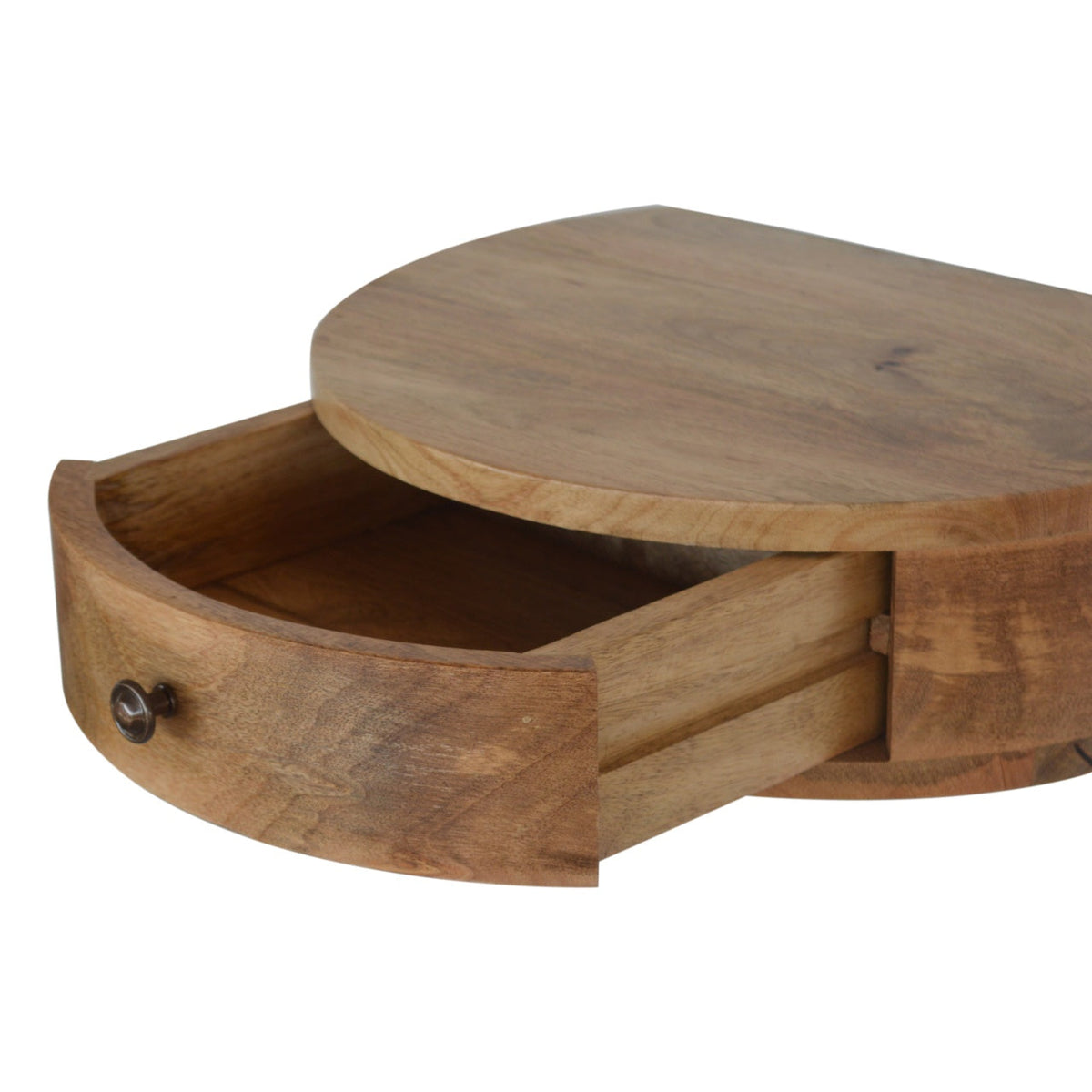 Solid Mango Wood Floating Nightstand – Oak-Ish Finish, Rounded 1-Drawer Design
