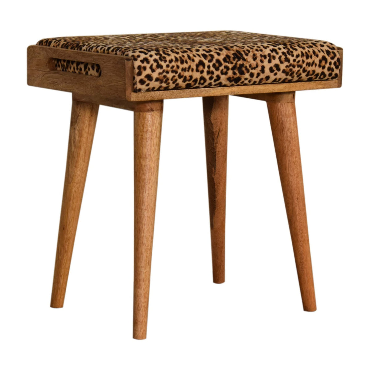 Leopard Cotton Velvet Tray-Style Footstool with Solid Mango Wood Legs