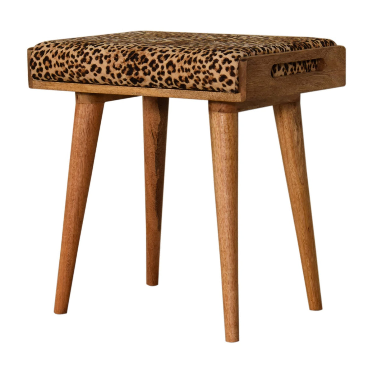 Leopard Cotton Velvet Tray-Style Footstool with Solid Mango Wood Legs