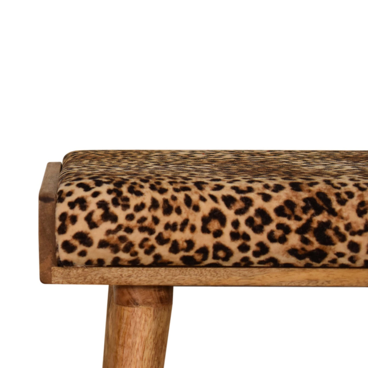 Leopard Cotton Velvet Tray-Style Footstool with Solid Mango Wood Legs
