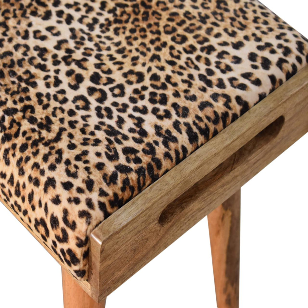 Leopard Cotton Velvet Tray-Style Footstool with Solid Mango Wood Legs