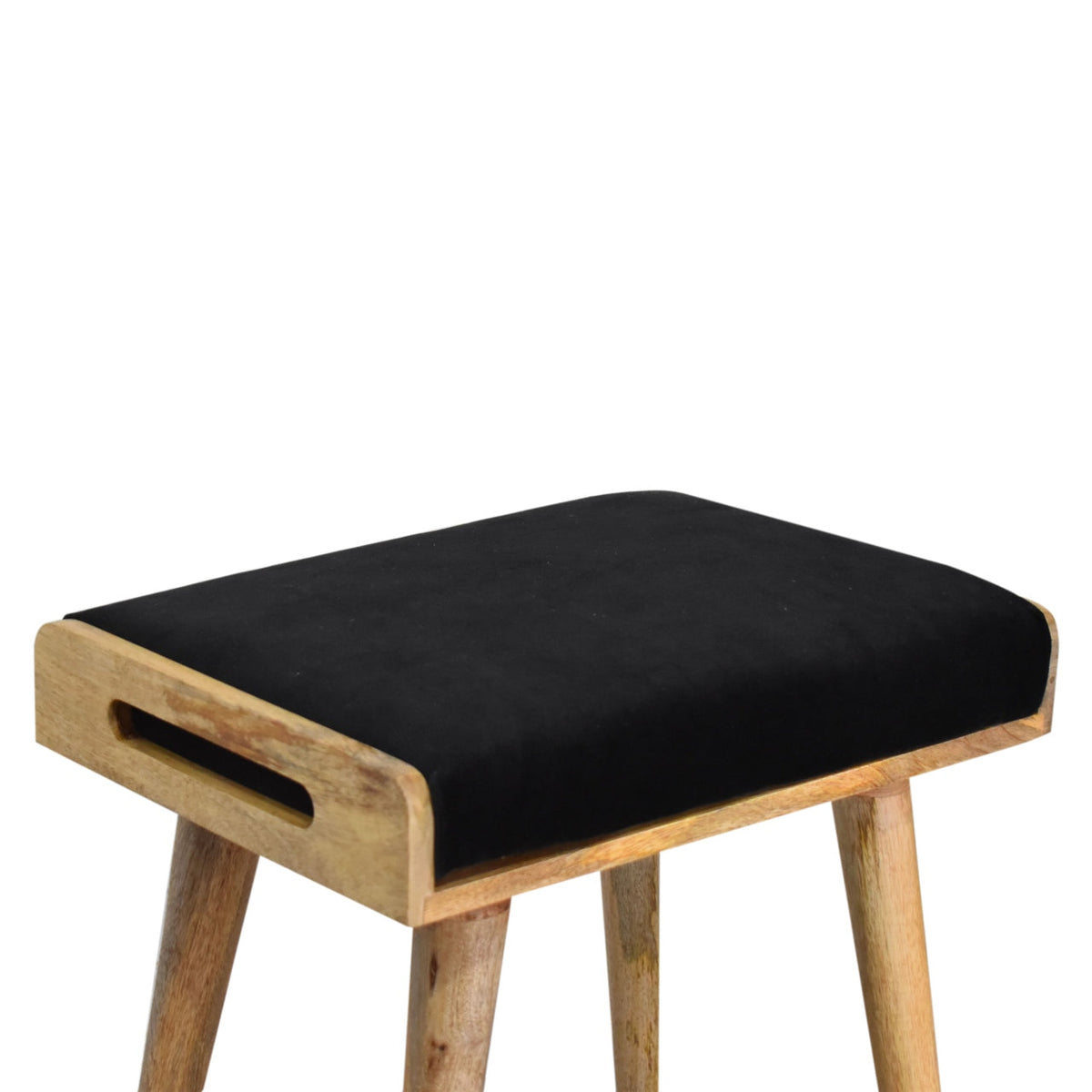 Black Cotton Velvet Tray-Style Footstool – Oak-Ish Legs