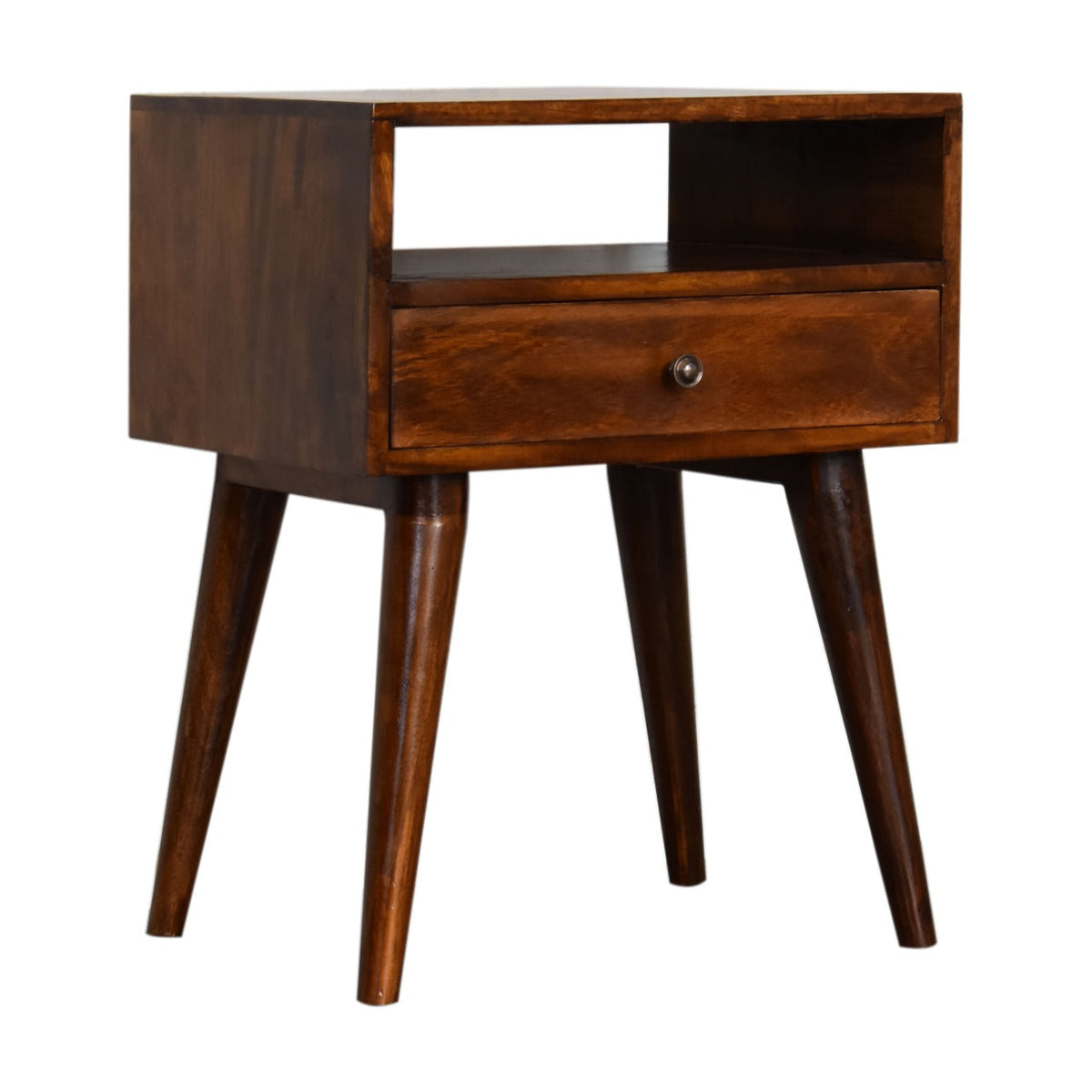 Modern Solid Mango Wood Nightstand – Chestnut Finish