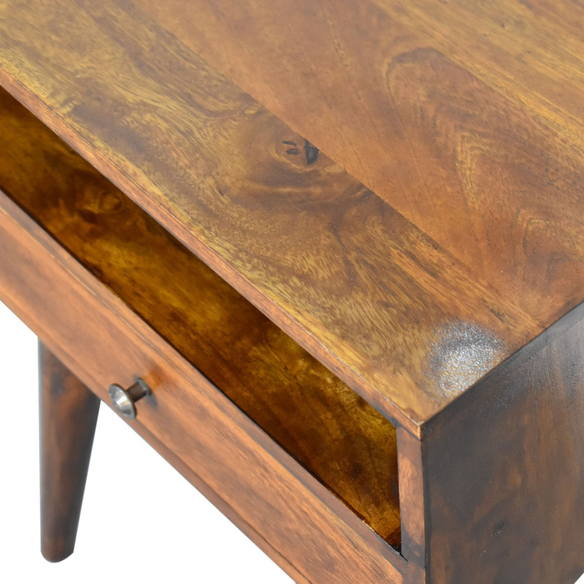 Modern Solid Mango Wood Nightstand – Chestnut Finish