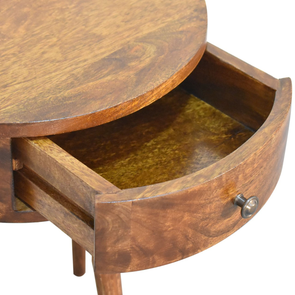 Semi Circle Solid Mango Wood Nightstand – Chestnut Finish