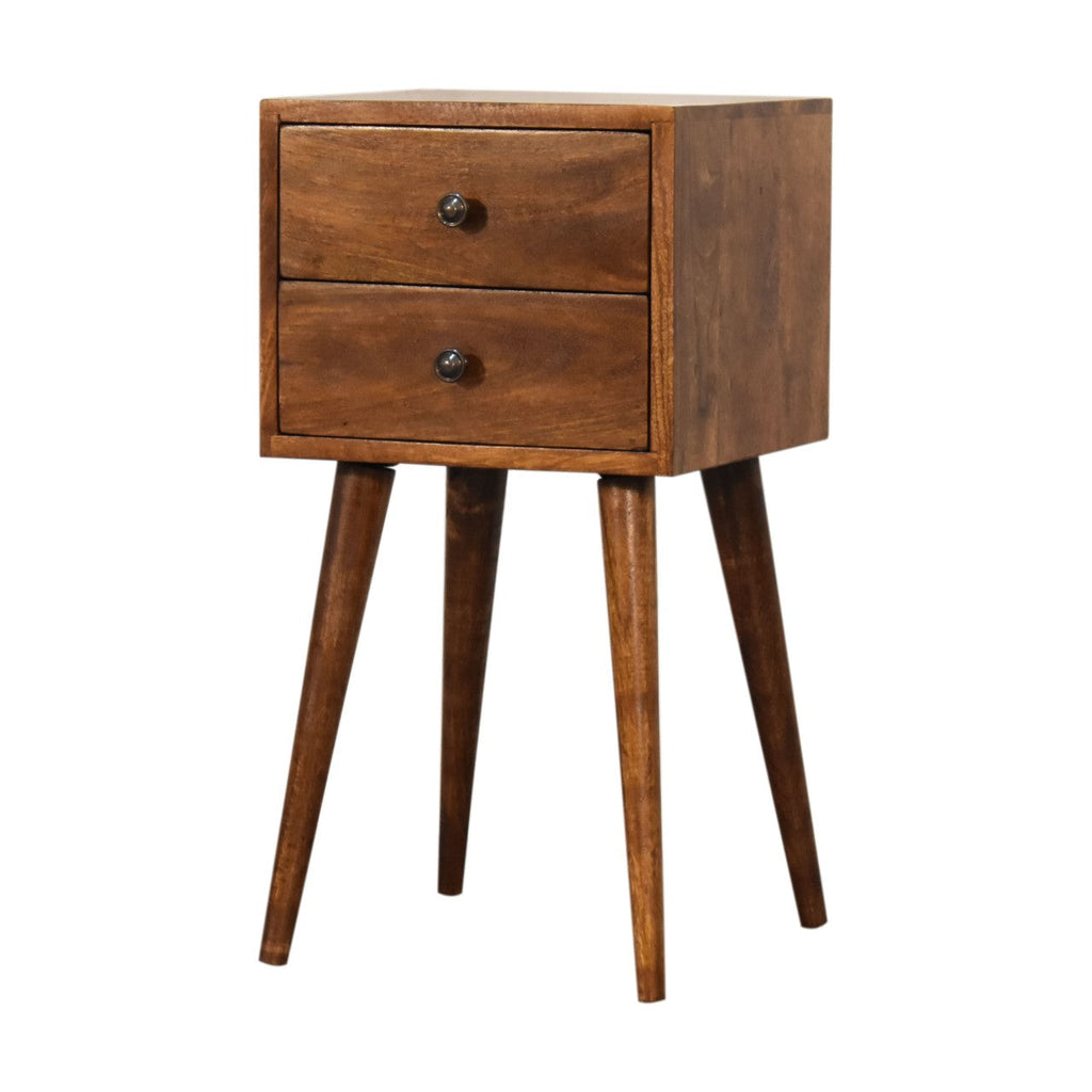 Mini 2-Drawer Solid Mango Wood Nightstand – Chestnut Finish, Scandinavian Legs