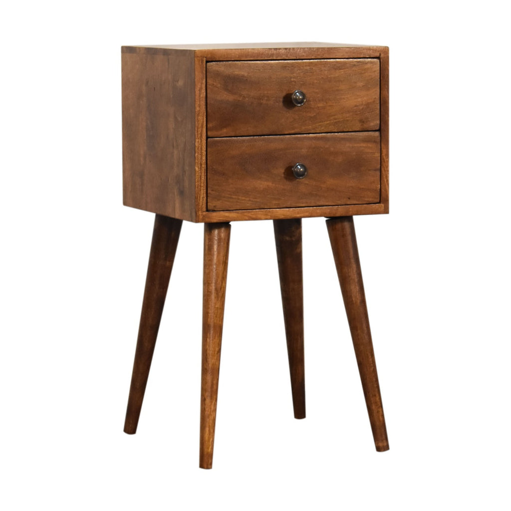 Mini 2-Drawer Solid Mango Wood Nightstand – Chestnut Finish, Scandinavian Legs
