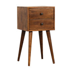 Mini 2-Drawer Solid Mango Wood Nightstand – Chestnut Finish, Scandinavian Legs