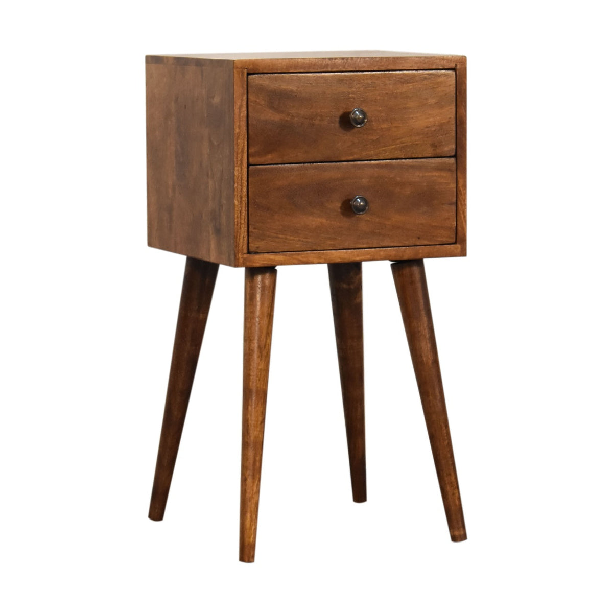 Mini 2-Drawer Solid Mango Wood Nightstand – Chestnut Finish, Scandinavian Legs