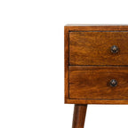 Mini 2-Drawer Solid Mango Wood Nightstand – Chestnut Finish, Scandinavian Legs