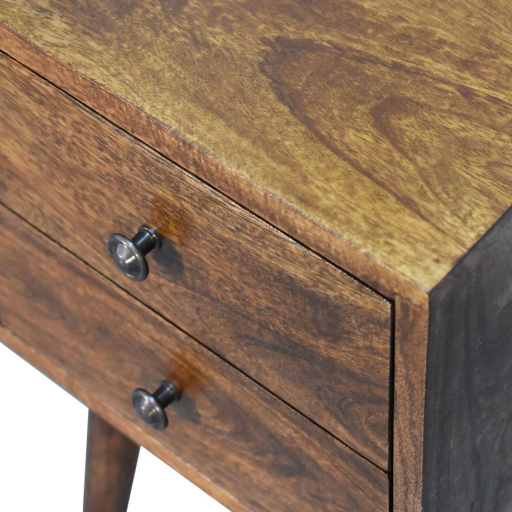 Mini 2-Drawer Solid Mango Wood Nightstand – Chestnut Finish, Scandinavian Legs
