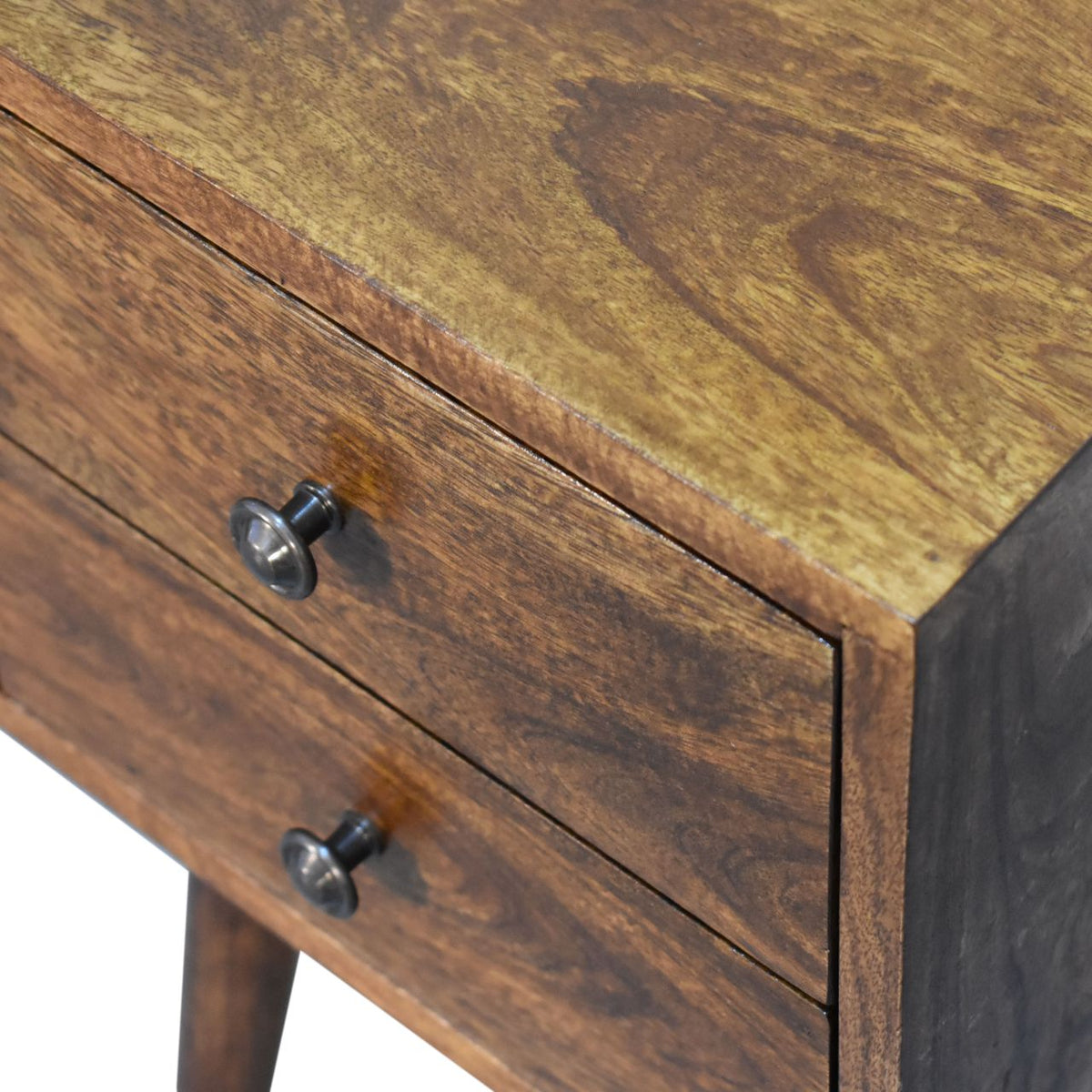 Mini 2-Drawer Solid Mango Wood Nightstand – Chestnut Finish, Scandinavian Legs
