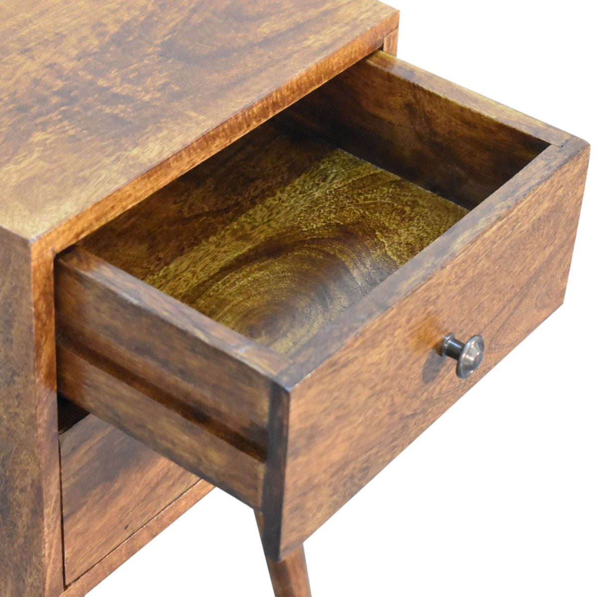 Mini 2-Drawer Solid Mango Wood Nightstand – Chestnut Finish, Scandinavian Legs