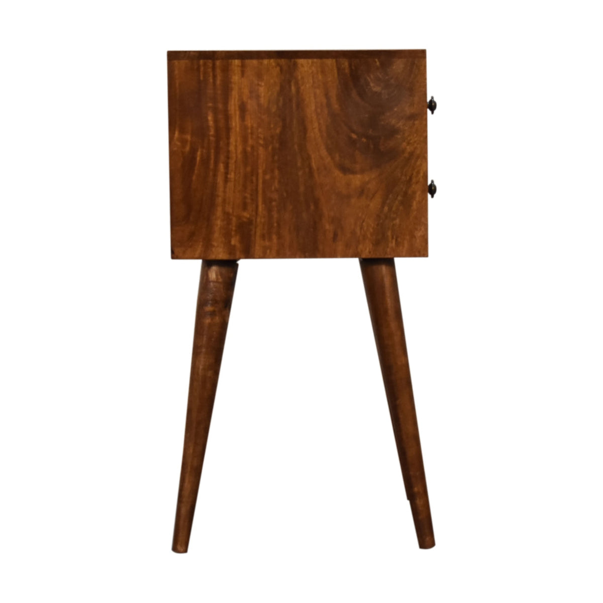 Mini 2-Drawer Solid Mango Wood Nightstand – Chestnut Finish, Scandinavian Legs