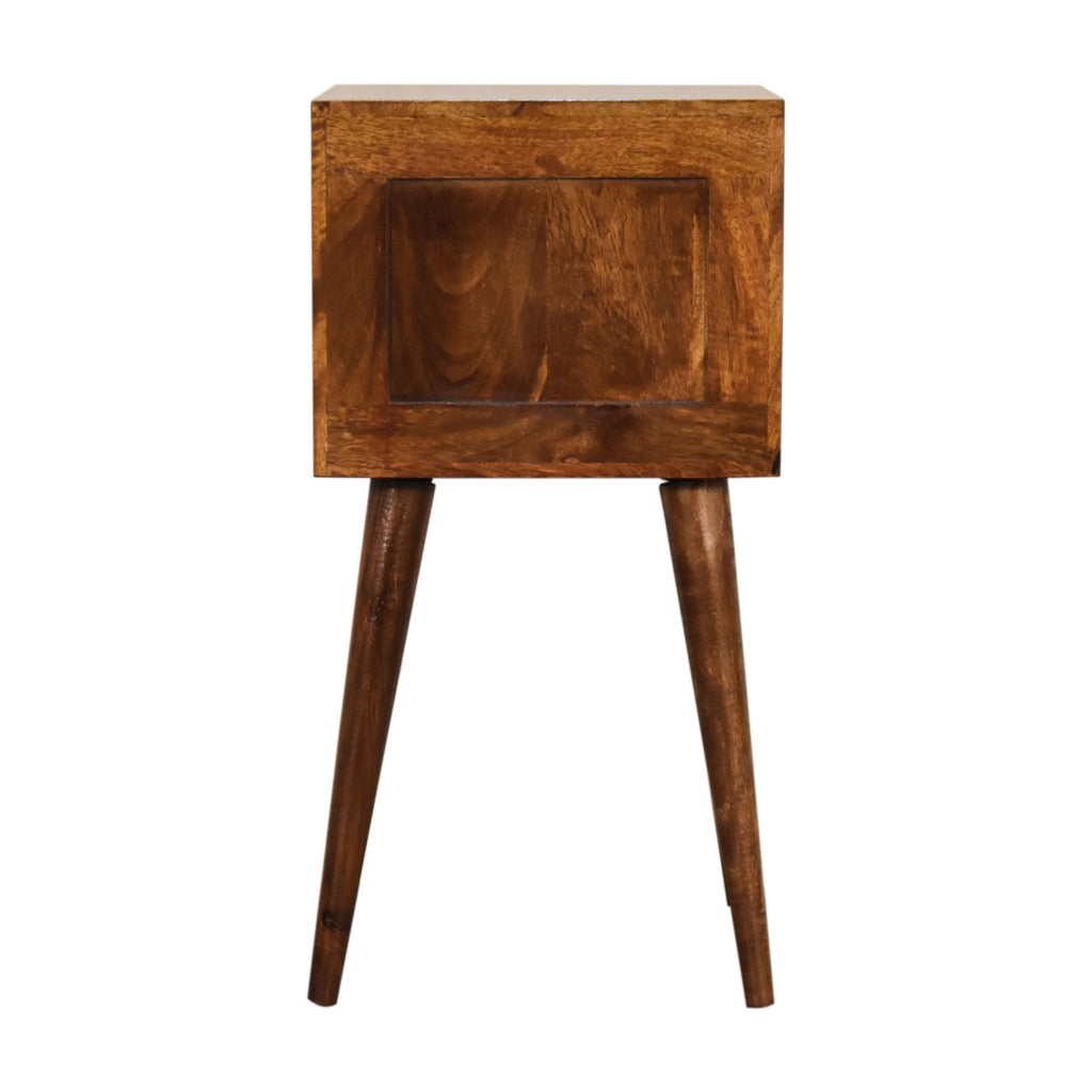 Mini 2-Drawer Solid Mango Wood Nightstand – Chestnut Finish, Scandinavian Legs
